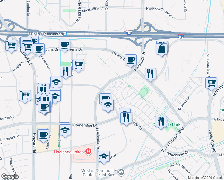 map of restaurants, bars, coffee shops, grocery stores, and more near 4169 Alba Court in Pleasanton