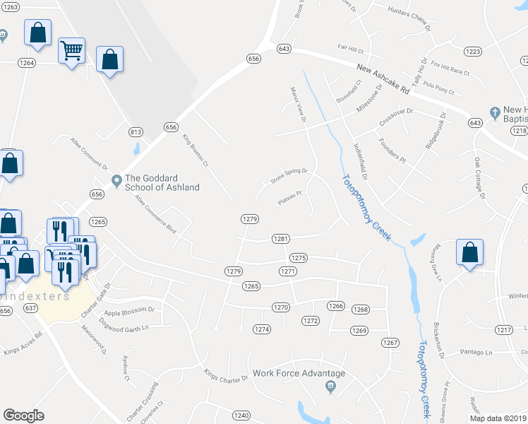 map of restaurants, bars, coffee shops, grocery stores, and more near 9566 Plateau Place in Mechanicsville