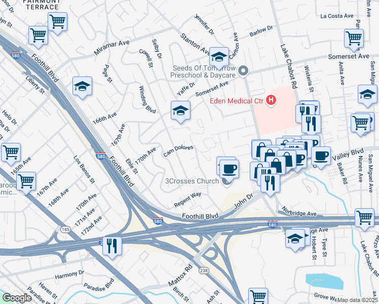 map of restaurants, bars, coffee shops, grocery stores, and more near 2308 Bentley Court in Castro Valley