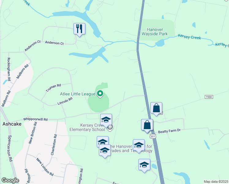 map of restaurants, bars, coffee shops, grocery stores, and more near 8266 Whippoorwill Road in Mechanicsville
