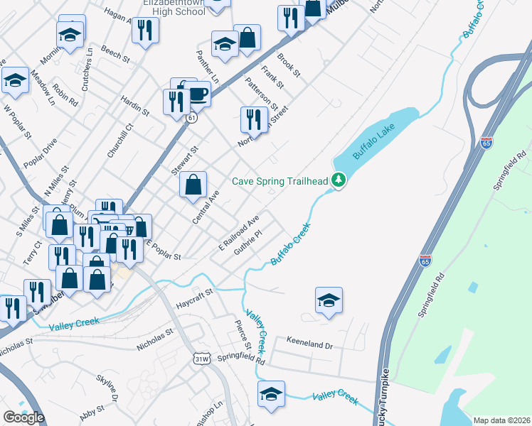 map of restaurants, bars, coffee shops, grocery stores, and more near 300-398 Guthrie Place in Elizabethtown