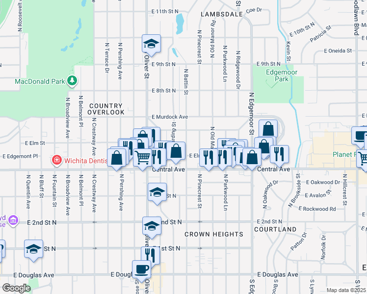 map of restaurants, bars, coffee shops, grocery stores, and more near 610 Harding Street in Wichita