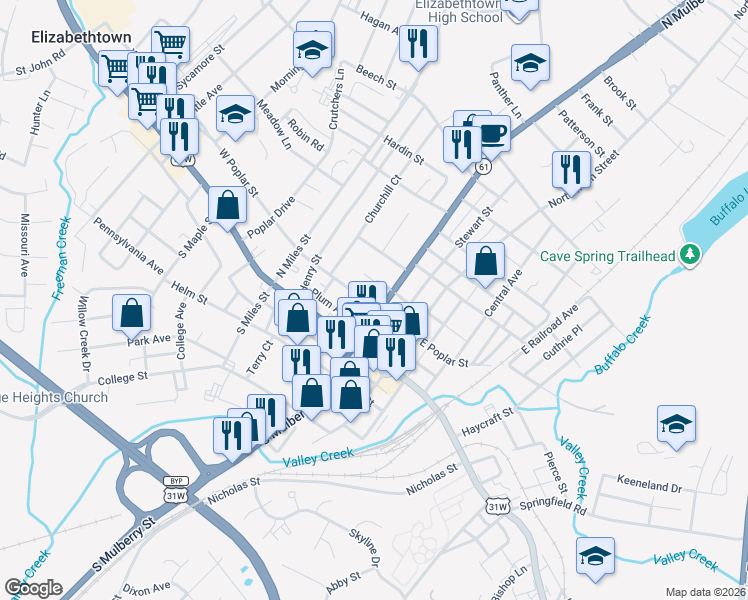 map of restaurants, bars, coffee shops, grocery stores, and more near 200 West Poplar Street in Elizabethtown