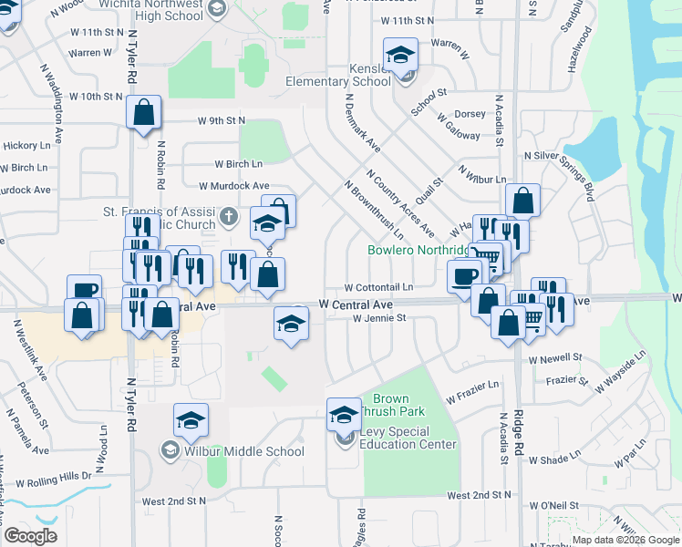 map of restaurants, bars, coffee shops, grocery stores, and more near 7820 W Cottontail St in Wichita