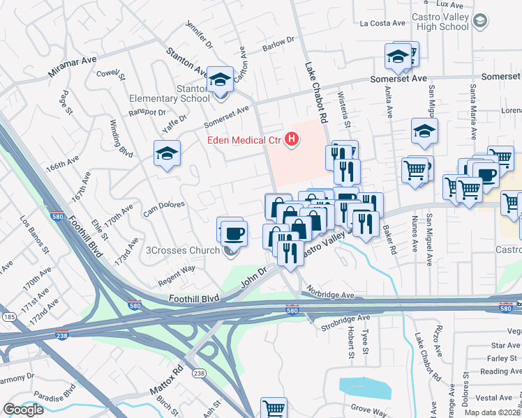 map of restaurants, bars, coffee shops, grocery stores, and more near 20413 Almeda Street in Castro Valley