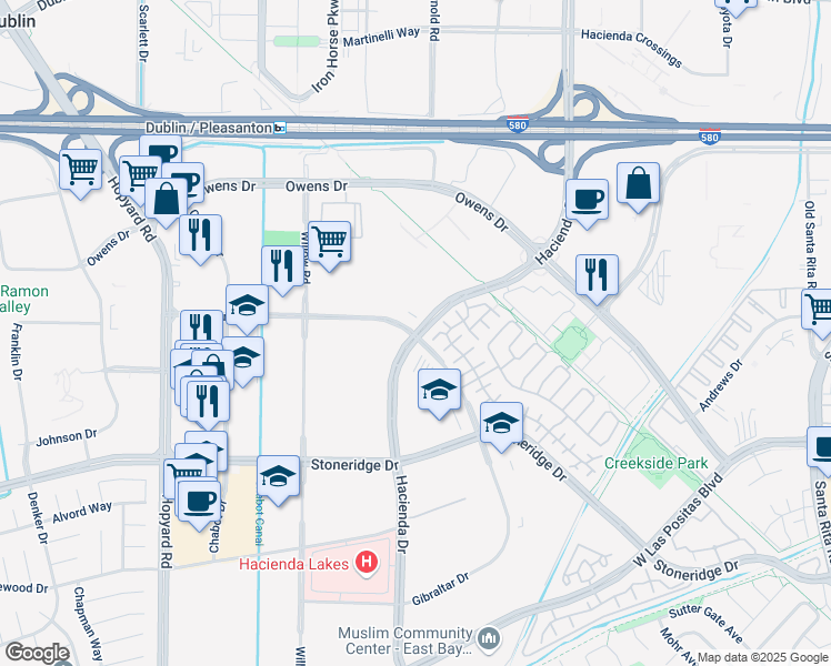 map of restaurants, bars, coffee shops, grocery stores, and more near 4480 Hacienda Drive in Pleasanton