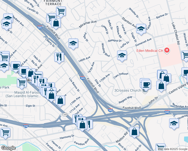 map of restaurants, bars, coffee shops, grocery stores, and more near 16918 Ehle Street in San Leandro