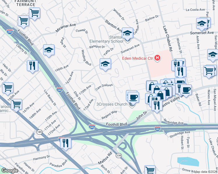 map of restaurants, bars, coffee shops, grocery stores, and more near 2321 Camino Dolores in Castro Valley
