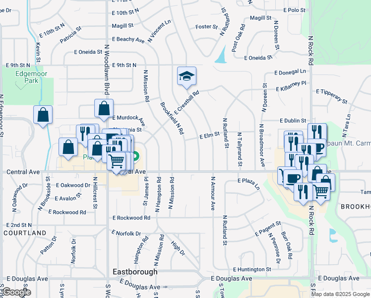 map of restaurants, bars, coffee shops, grocery stores, and more near 574 North Brookfield Road in Wichita