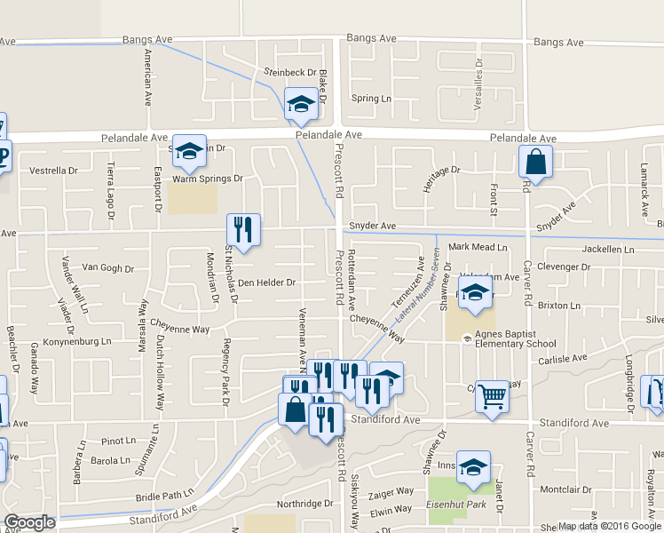 map of restaurants, bars, coffee shops, grocery stores, and more near 2101 Ottawa Court in Modesto