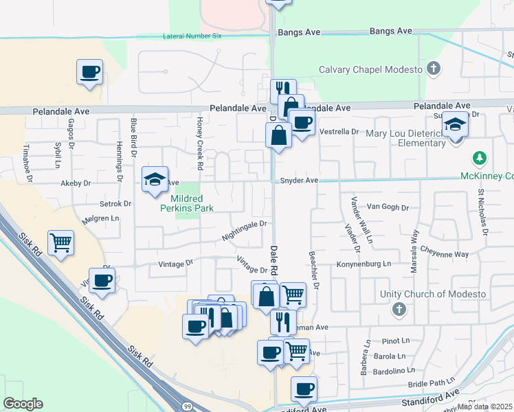 map of restaurants, bars, coffee shops, grocery stores, and more near 3900 Pheasant Lane in Modesto