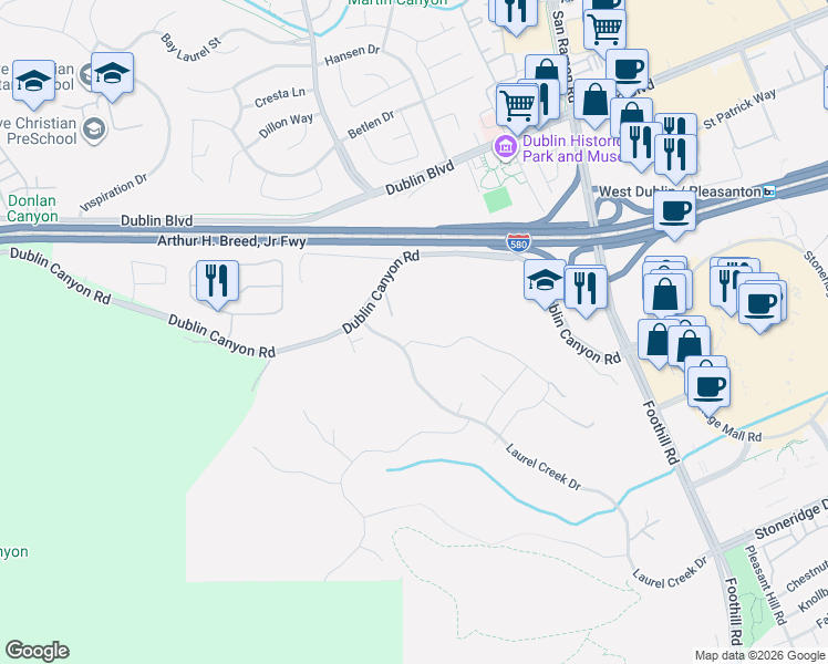map of restaurants, bars, coffee shops, grocery stores, and more near 6079 Laurel Creek Drive in Pleasanton