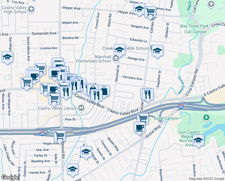 map of restaurants, bars, coffee shops, grocery stores, and more near 20547 Marshall Street in Castro Valley