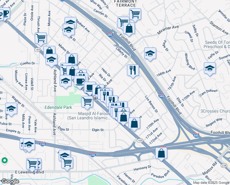map of restaurants, bars, coffee shops, grocery stores, and more near 1493 165th Avenue in San Leandro
