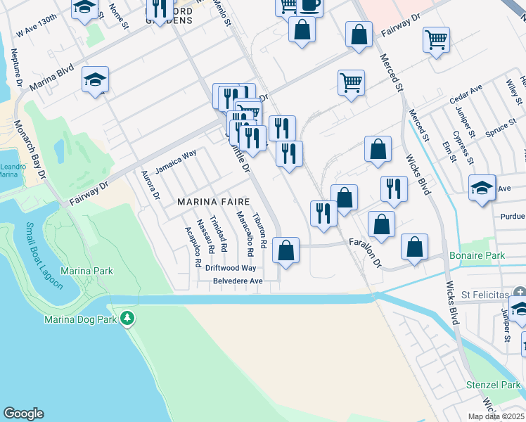 map of restaurants, bars, coffee shops, grocery stores, and more near 14283 Tiburon Road in San Leandro
