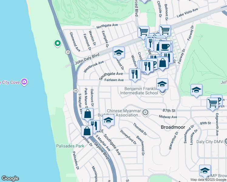 map of restaurants, bars, coffee shops, grocery stores, and more near 963 Foothill Drive in Daly City