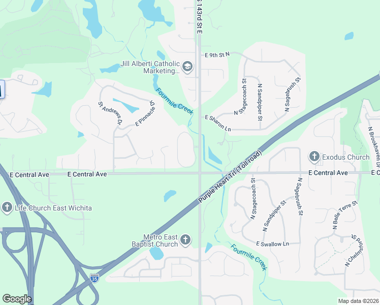 map of restaurants, bars, coffee shops, grocery stores, and more near 45 Stonebridge Cir in Wichita