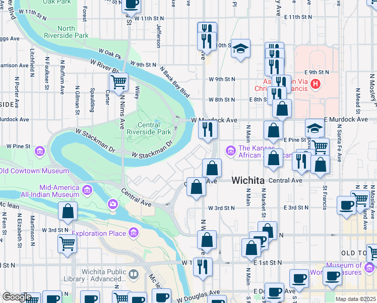 map of restaurants, bars, coffee shops, grocery stores, and more near 400 West Central Avenue in Wichita