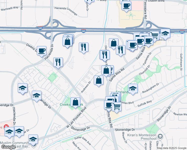 map of restaurants, bars, coffee shops, grocery stores, and more near 3620 Andrews Drive in Pleasanton