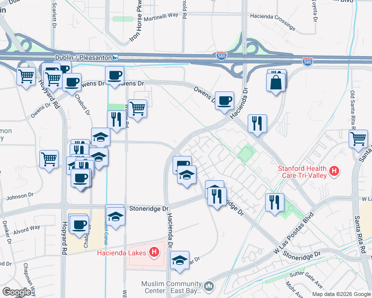 map of restaurants, bars, coffee shops, grocery stores, and more near 4207 Zevanove Court in Pleasanton
