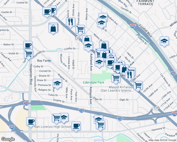map of restaurants, bars, coffee shops, grocery stores, and more near 16183 Ashland Avenue in San Lorenzo