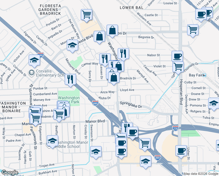 map of restaurants, bars, coffee shops, grocery stores, and more near 994 Crespi Drive in San Leandro