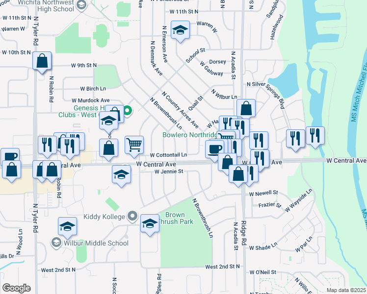 map of restaurants, bars, coffee shops, grocery stores, and more near 735 North Brownthrush Lane in Wichita