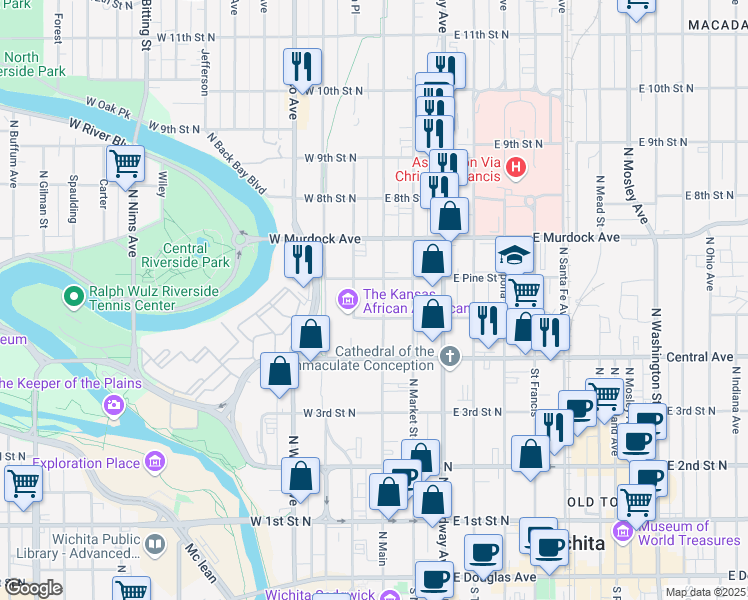 map of restaurants, bars, coffee shops, grocery stores, and more near 615 North Main Street in Wichita