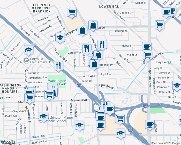 map of restaurants, bars, coffee shops, grocery stores, and more near 994 Crespi Drive in San Leandro