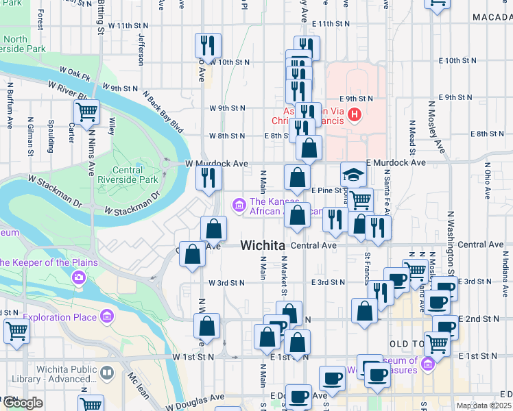 map of restaurants, bars, coffee shops, grocery stores, and more near 615 North Main Street in Wichita