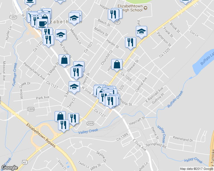 map of restaurants, bars, coffee shops, grocery stores, and more near 204 North Mulberry Street in Elizabethtown