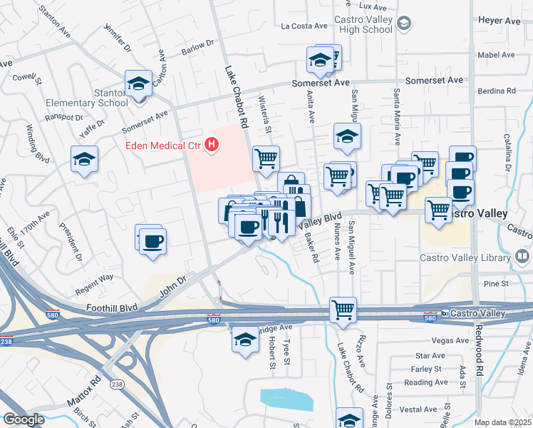 map of restaurants, bars, coffee shops, grocery stores, and more near in Castro Valley