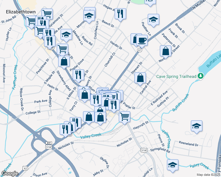 map of restaurants, bars, coffee shops, grocery stores, and more near 204 North Mulberry Street in Elizabethtown