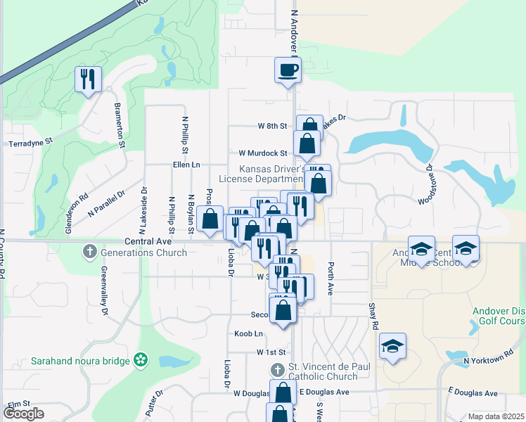 map of restaurants, bars, coffee shops, grocery stores, and more near 215 West Lee Street in Andover