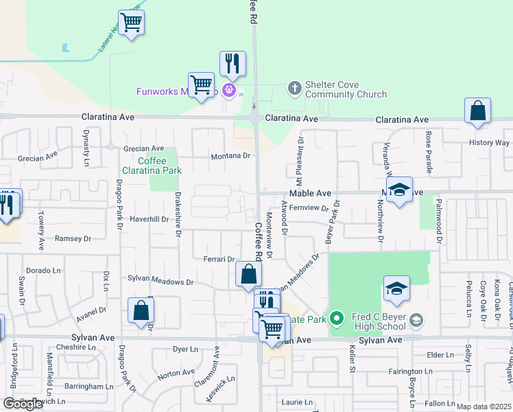 map of restaurants, bars, coffee shops, grocery stores, and more near 3931 Coffee Road in Modesto