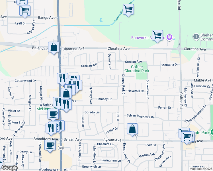 map of restaurants, bars, coffee shops, grocery stores, and more near 605 Wendy Court in Modesto