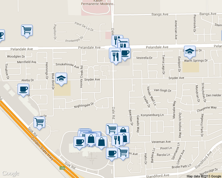 map of restaurants, bars, coffee shops, grocery stores, and more near 3929 Dale Road in Modesto