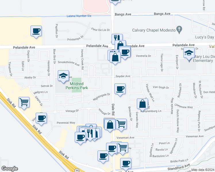 map of restaurants, bars, coffee shops, grocery stores, and more near 3900 Pheasant Lane in Modesto