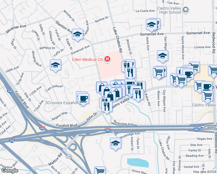 map of restaurants, bars, coffee shops, grocery stores, and more near 20444 Stanton Avenue in Castro Valley