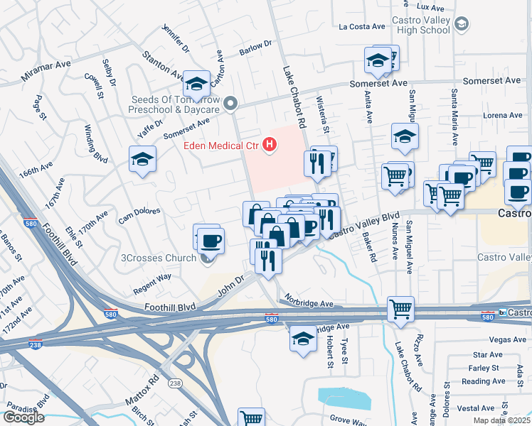 map of restaurants, bars, coffee shops, grocery stores, and more near 20444 Stanton Avenue in Castro Valley