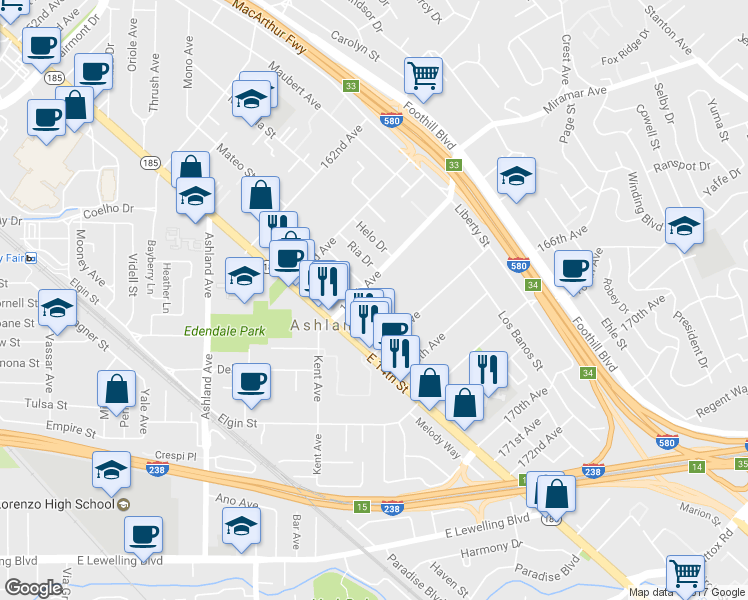 map of restaurants, bars, coffee shops, grocery stores, and more near 1414 164th Avenue in San Leandro