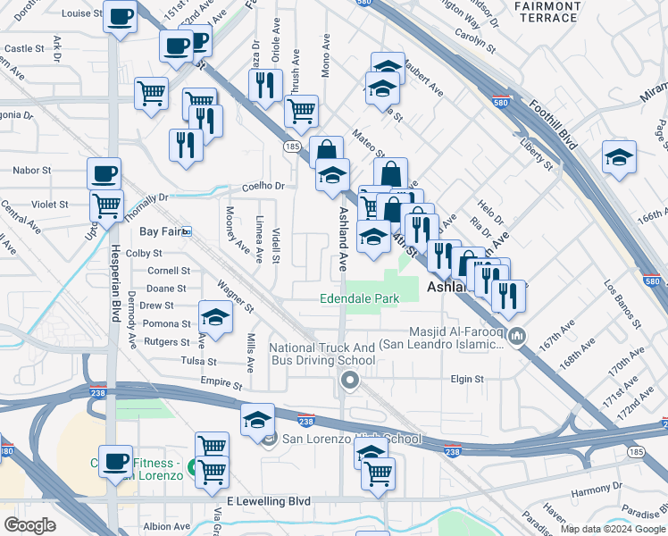 map of restaurants, bars, coffee shops, grocery stores, and more near 16183 Ashland Avenue in San Lorenzo