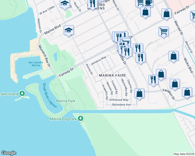 map of restaurants, bars, coffee shops, grocery stores, and more near 2484 Bermuda Avenue in San Leandro