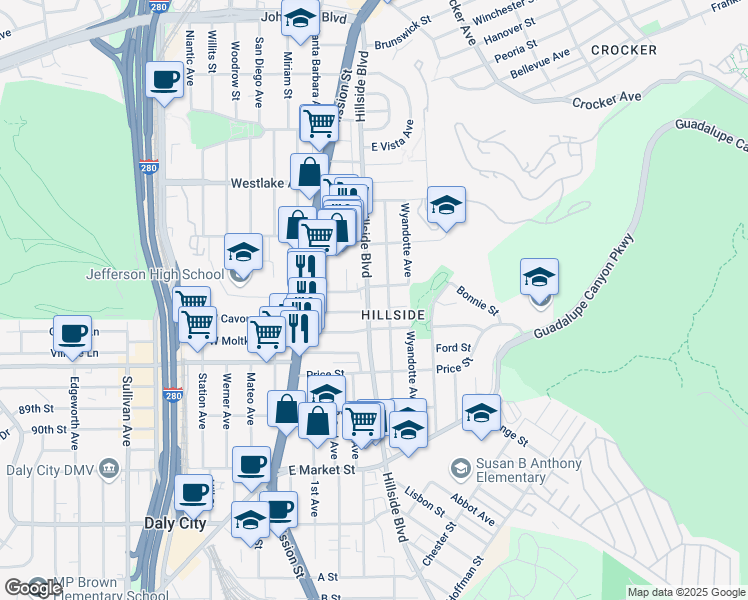 map of restaurants, bars, coffee shops, grocery stores, and more near 673 Hillside Boulevard in Daly City
