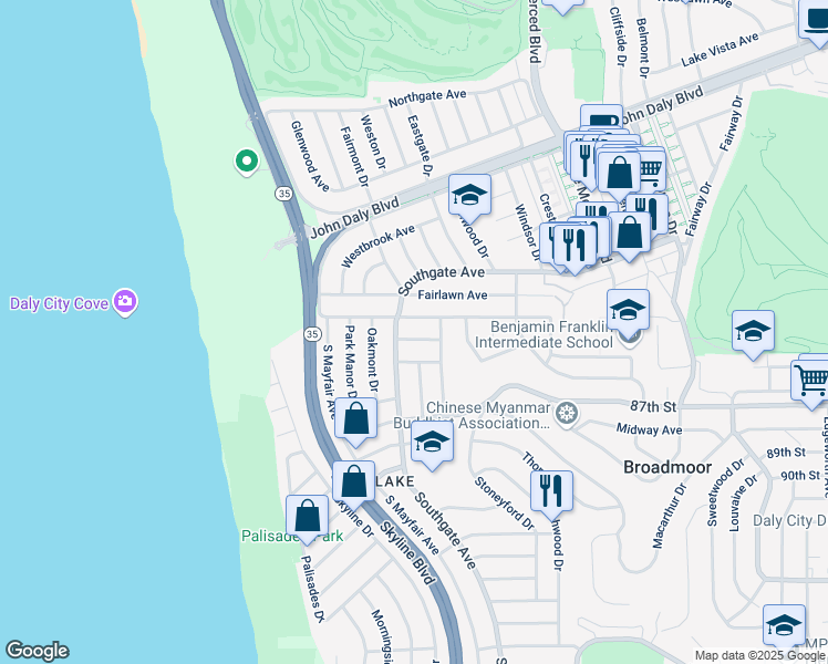 map of restaurants, bars, coffee shops, grocery stores, and more near 23 Castleton Avenue in Daly City