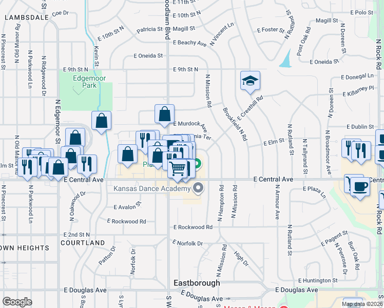 map of restaurants, bars, coffee shops, grocery stores, and more near 6564 Central Avenue in Wichita