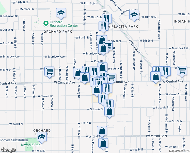 map of restaurants, bars, coffee shops, grocery stores, and more near 4130 W Central Ave in Wichita