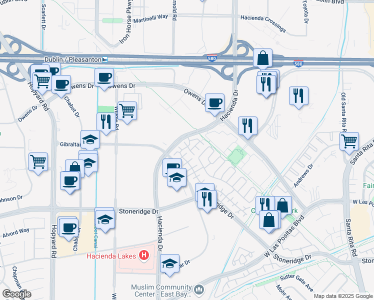 map of restaurants, bars, coffee shops, grocery stores, and more near 4111 Torino Court in Pleasanton