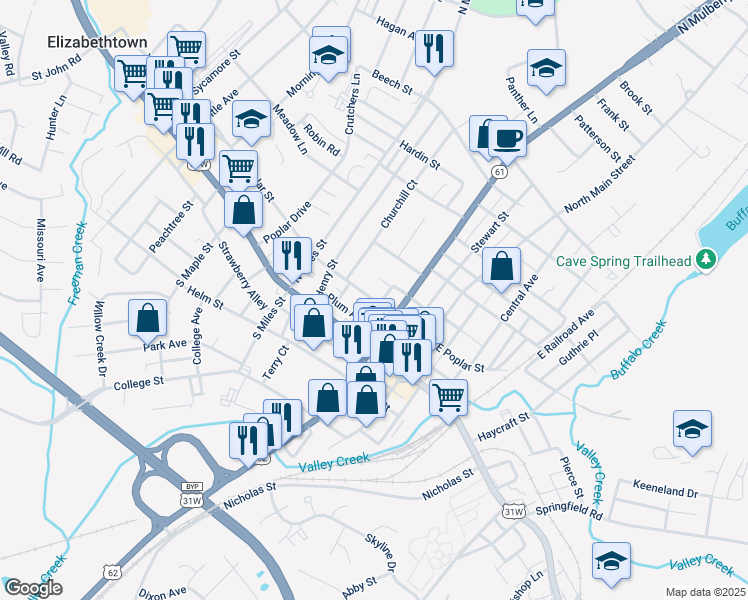 map of restaurants, bars, coffee shops, grocery stores, and more near 218 West Poplar Street in Elizabethtown