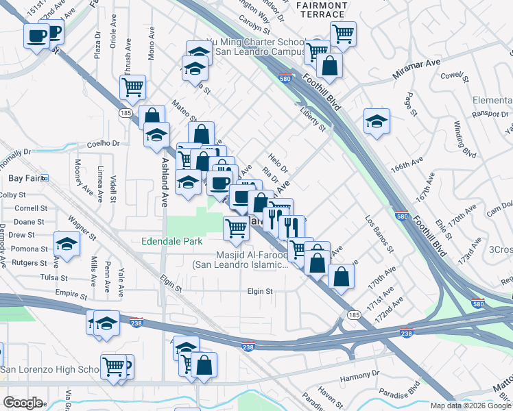 map of restaurants, bars, coffee shops, grocery stores, and more near in Ashland